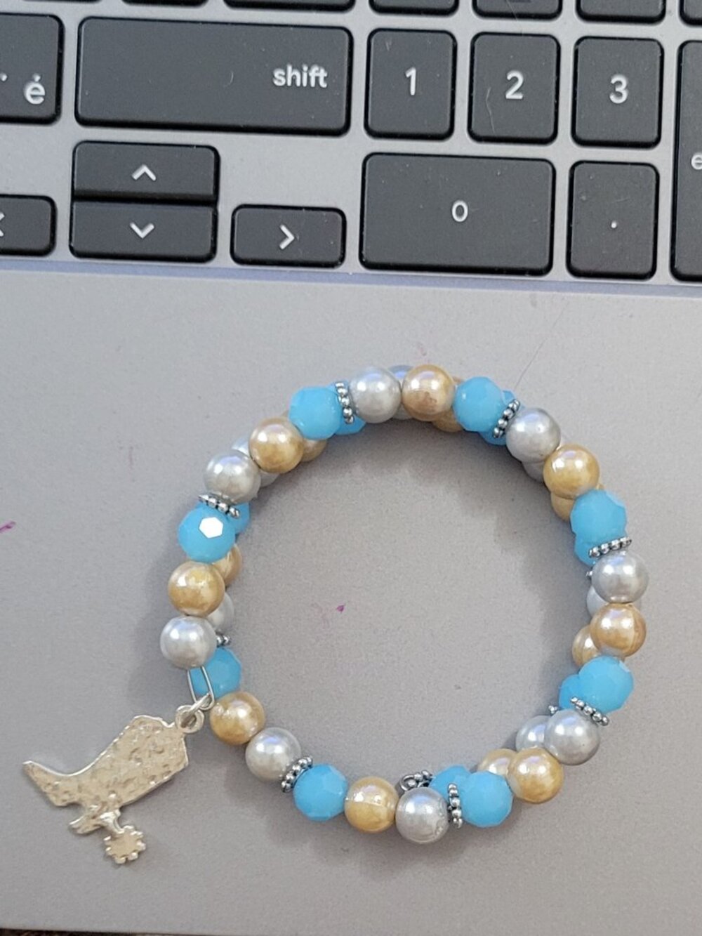 Yipee Pink Grey Blue Wrist Wrap with Silver Dividers and Cowboy Boot Charm